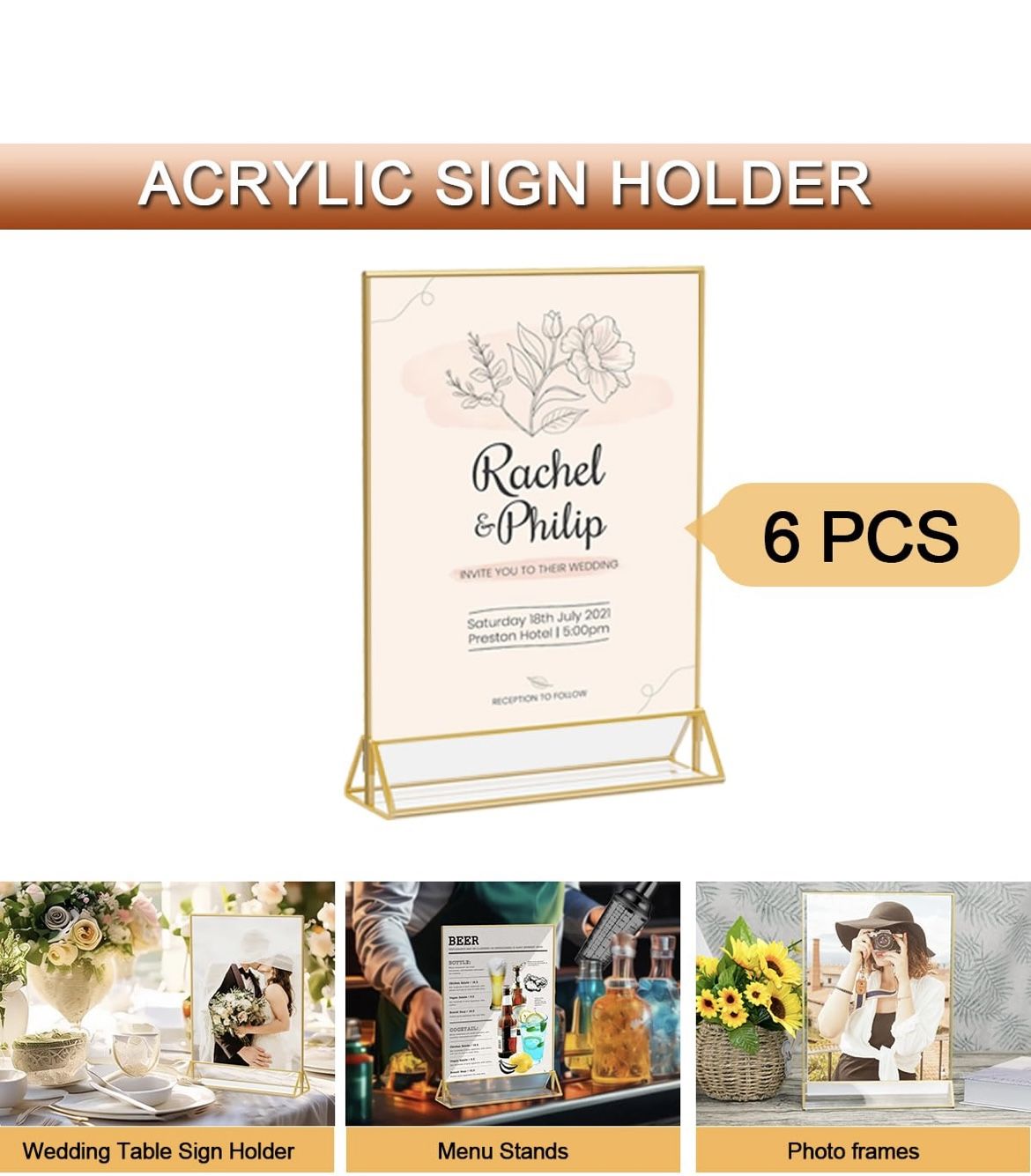 8.5X11 Clear Sign Holder, Wedding Table Sign Double Sided Holder, Set of 6 Clear Acrylic Frames with Gold Border for Menus, Numbers,🆕👍Retails $29.99