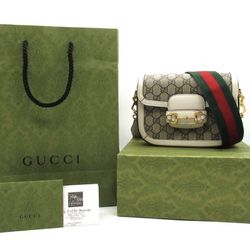 Gucci Horsebit 1955 GG Small Shoulder Bag Beige White Gold HW w/ Web Strap