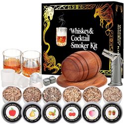 Brand New Whiskey Smoker Kit with Torch- 6 Flavors Wood Chips, 2 Whisky Glass Sets- Bourbon Cocktail Smoker Kit, Old Fashioned Drink Smoker Kit