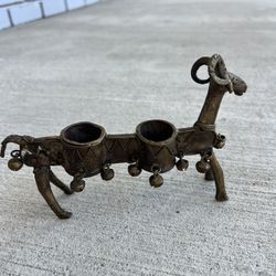 Vintage African Bronze Ram Candle Holder Tribal Art Double Cup Bells Sculpture