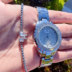 Combo~2Pcs Set Fashion Women Watches Luxury Brand Wristwatch Quartz Bling Iced Watch and Bracelet Gift Set