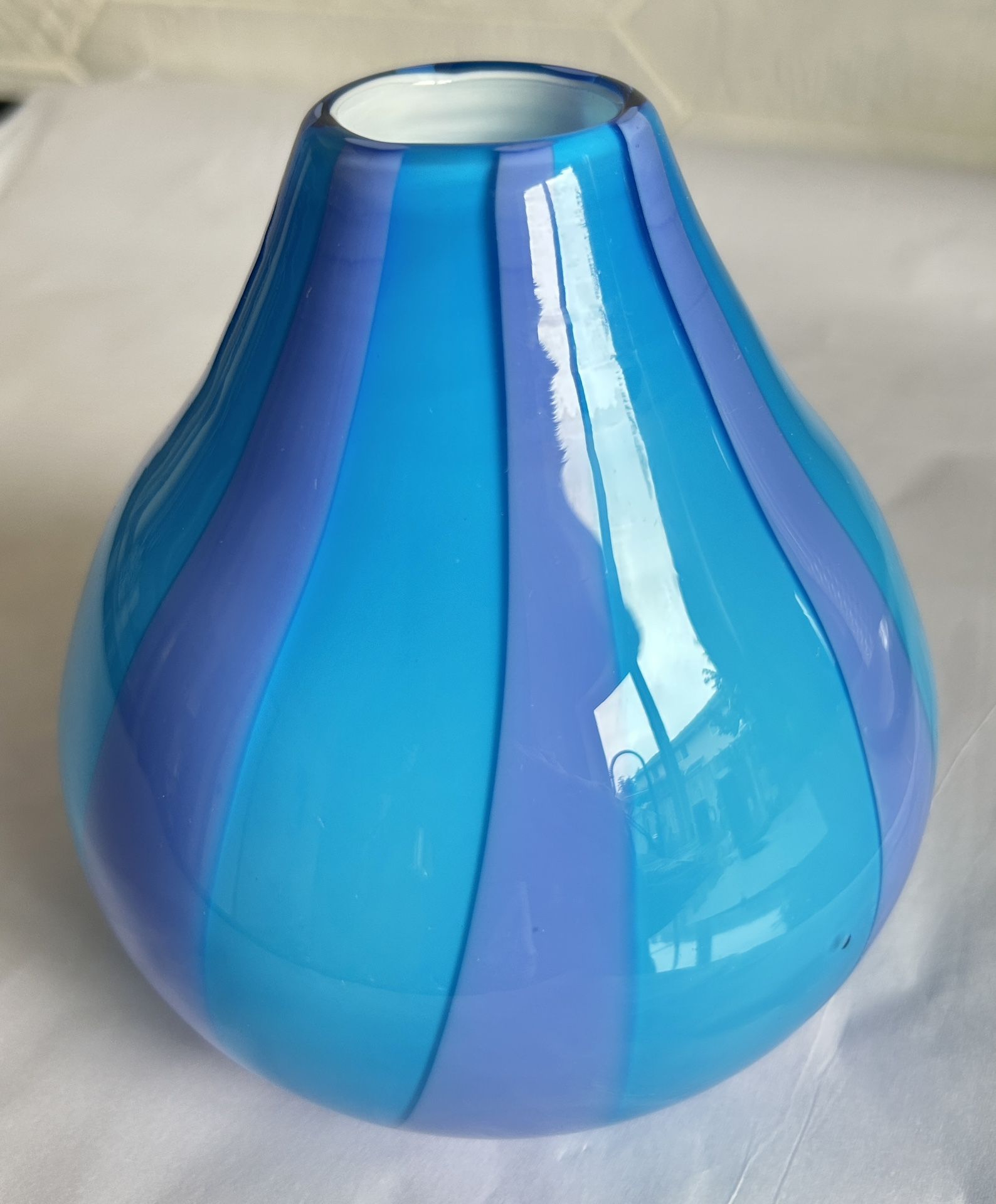 Vintage Midcentury Blue And Purple Circus Tent White Cased Glass Vase