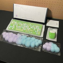 New Retro Wireless Keyboard and Mouse Combo, Full-Size USB Keyboard W/ Round Keycaps, 2.4GHz Wireless for Desktop, Laptop and Computer (Green-Colorful