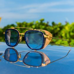 Thom Browne TB808 Square Aviator Sunglasses Navy Blue Lenses Gold Mesh Shields