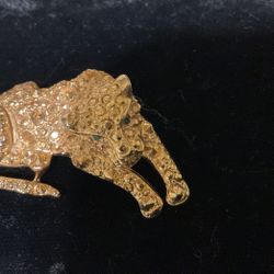 Gold Tone Tiger With Emerald Eyes Brooch