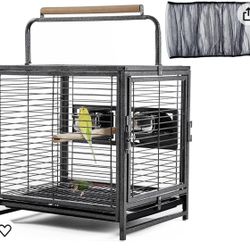 25.5" Wrought Iron Bird Travel Carrier Cage Parrot Cage with Handle Wooden Perch & Seed Guard for Small Parrots Canaries Budgies Parrotlets Lovebirds 