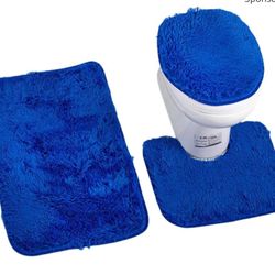 Bathroom Rugs Sets 3 Piece,U-Shaped Toilet Floor Mat +Non Slip Rugs +Toilet Lid Cover Mat,with PVC Point Rubber Backing (Blue)