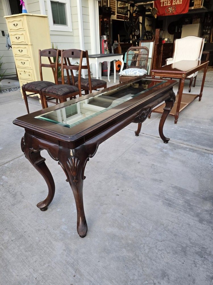 Queen Anne Style Ball and Claw Cherrywood Console Entryway Sofa Table with Glass Inlay