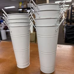 White Flower Buckets, 6 Pcs 9.8" Tall Galvanized Metal Vases with Waterproof Coating, French Flower Bucket