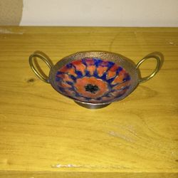 Vintage Copper Enamel Floral Dish 