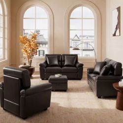 4 Piece Living Room Set, Faux Leather Sofa Set with Storage Ottoman Bench