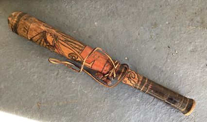 Vtg. 1972 Mexican Hand-Carved Hand-Painted Wood Stick 16” Long Aztec Folk Art Piñata Bat