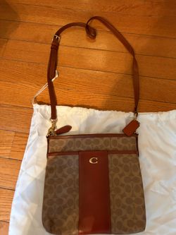 Coach Signature Crossbody Bag — Tan/Brown with Leather Trim & Dust Bag
