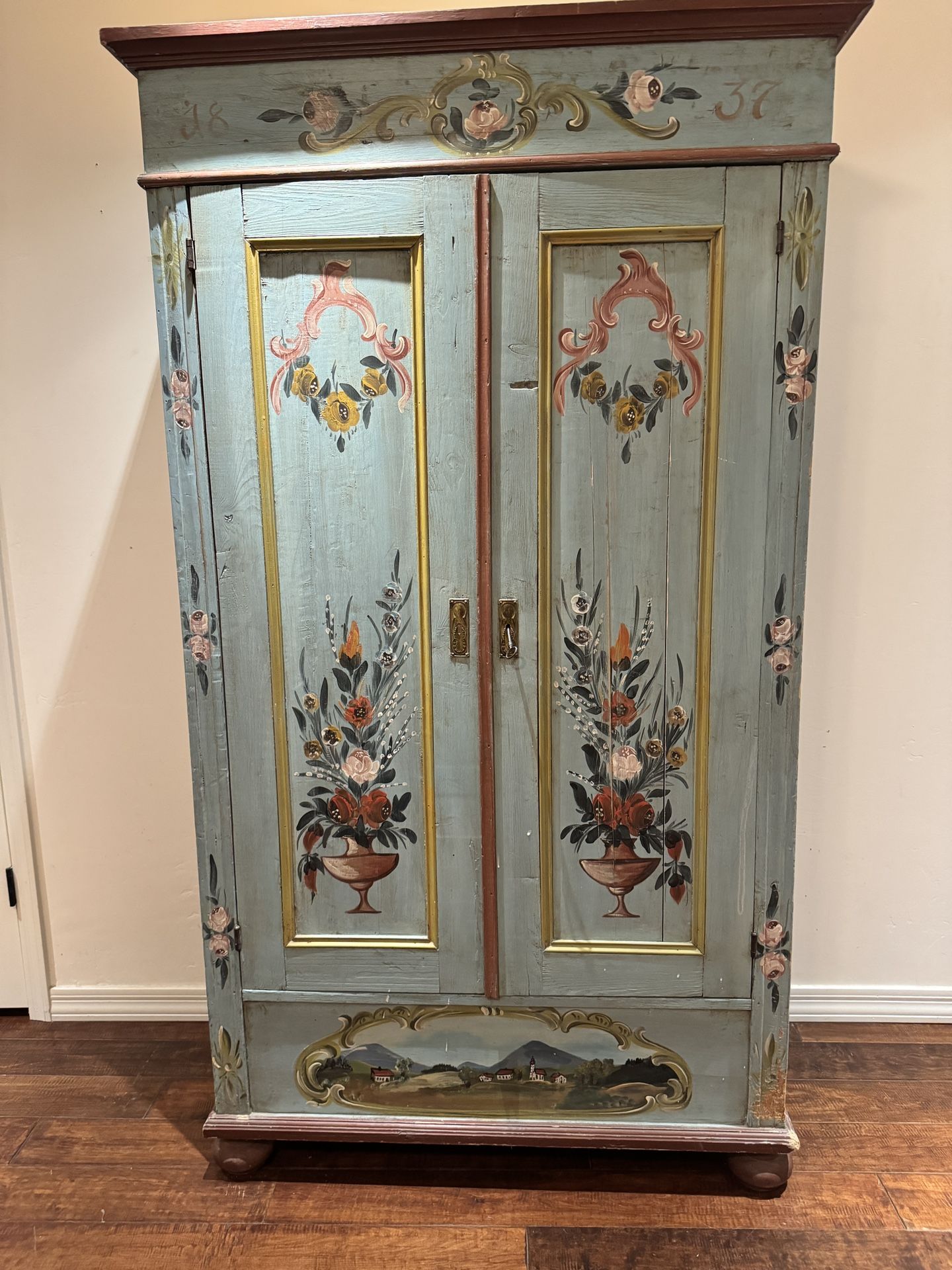 Antique Painted Armoire – Floral Design + Key – 1837