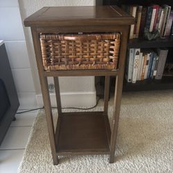  Tall wooden side table or nightstand with a woven wicker/ratan drawer