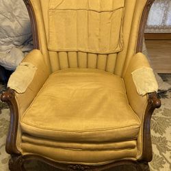 Vintage Gold Wingback Chair With Ornate Wood Frame