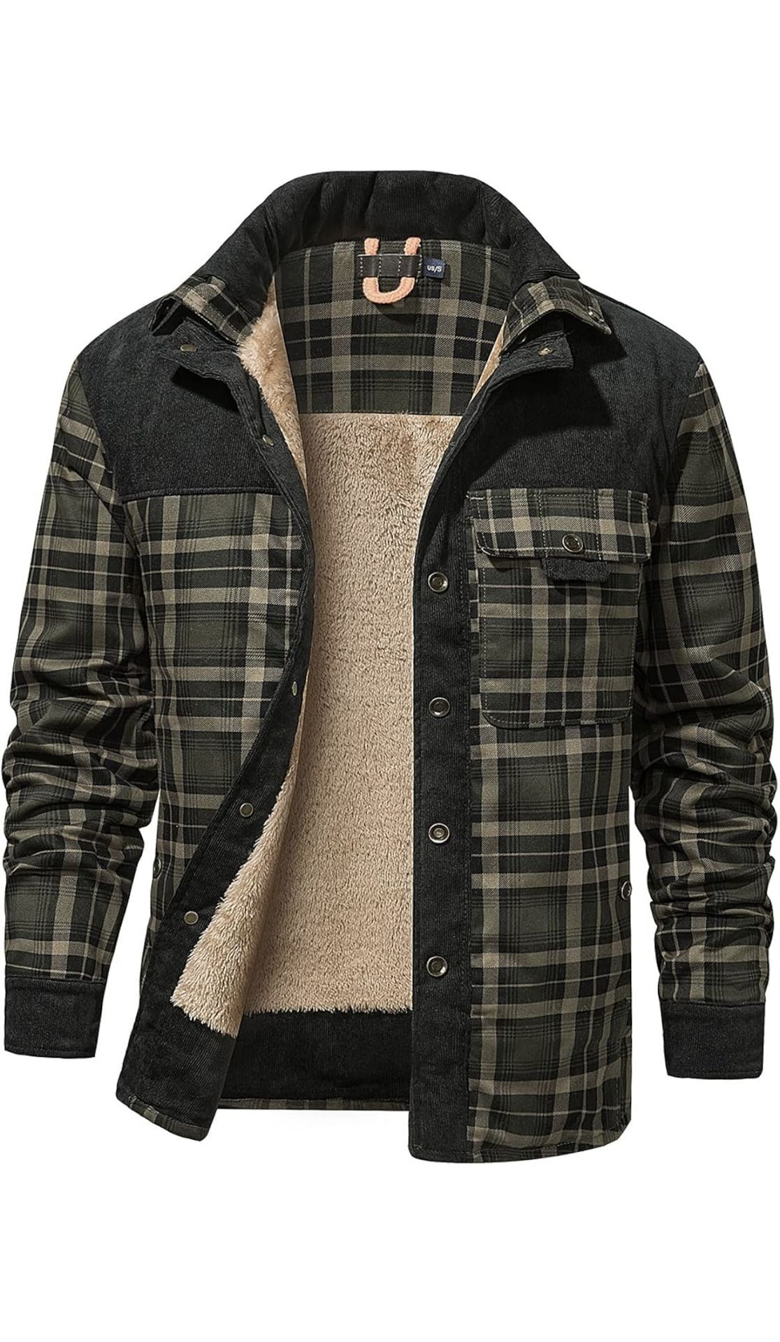 Men's Long Sleeve Sherpa Lined Shirt Jacket Flannel Plaid Fleece Coats M/XL