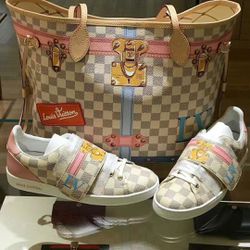 Louis Vuitton White/Pink Handbag & Sneakers Set for Sale in