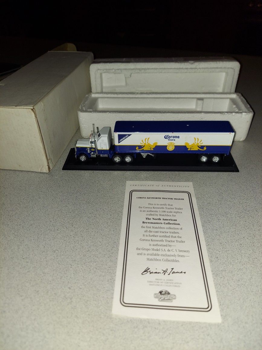 VINTAGE 1997 MATCHBOX Ccy04-M 1:100 SCALE CORONA EXTRA KENWORTH TRACTOR TRAILER IN BOX WITH CERTIFICATE OF AUTHENTICITY 