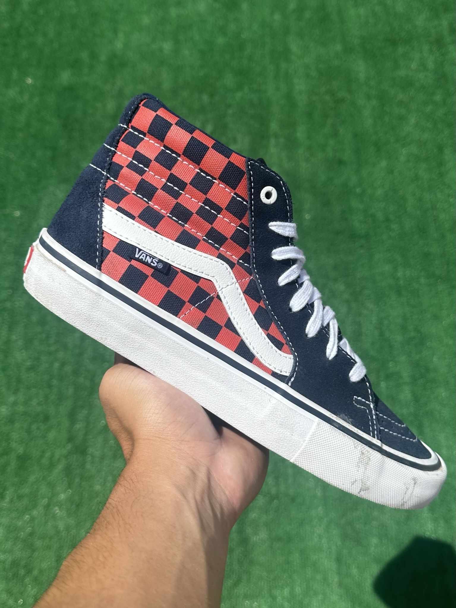 VANS SK8-HI “RED / NAVY BLUE CHECKERBOARD” (Size 8, Men’s)