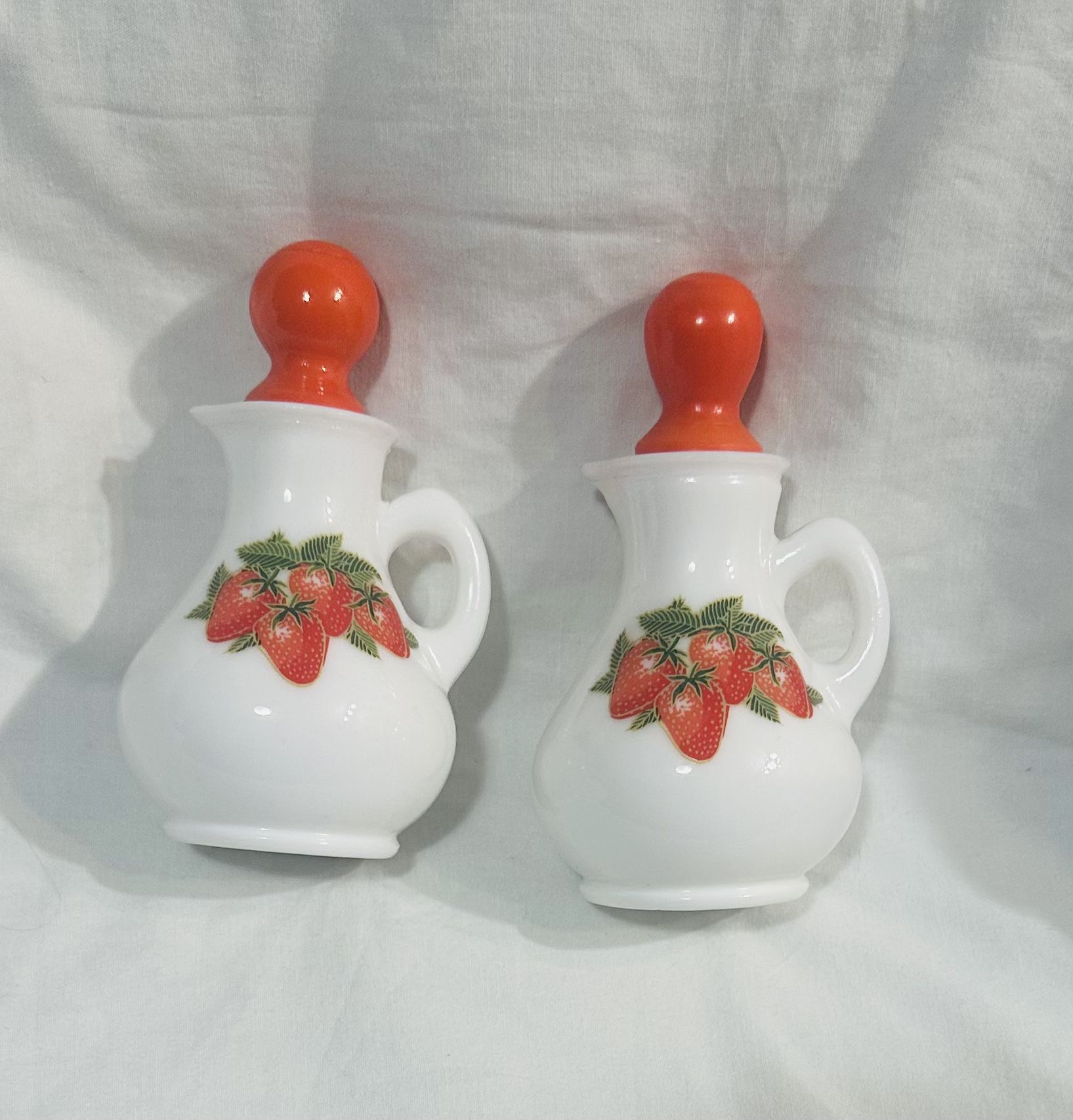 Set of 2 Vintage 1969 Avon Strawberry & Cream Milk Glass Cruets with Stopper Lids. Mini Pitchers. Collectible. Excellent condition, no chips. #1960s #