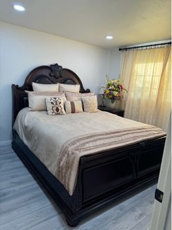 California King Bed with Mirrored Dresser, 5 drawer chest of Drawers and 3 Drawer Nightstand.