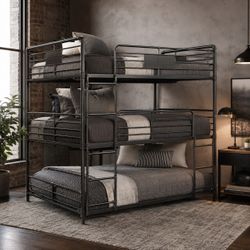 INDUSTRIAL ANTIQUE BLACK TRIPLE DECKER FULL SIZE BUNKBED LITRA MATRIMONIAL BUNK BED FRAME
