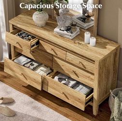 AMBERHAUS 7-drawer chest with beveled panel, rustic bedroom dresser, wooden TV stand, storage organizer for bedroom, living room or hallway, natural r