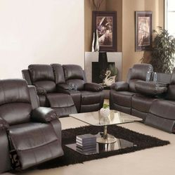 Brand New Brown Leather 3pc Reclining Set With Storage Compartments A Drop Down Table & Built In Cup Holders 