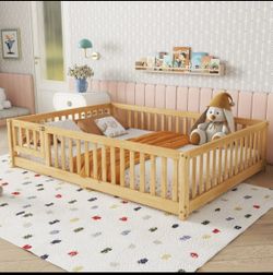 Bellemave Full Size Fence Floor Bed Frame With Door, Natural Brown