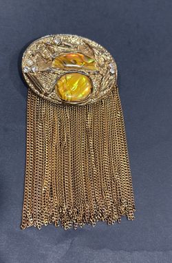 Vintage abalone brass waterfall fringe brooch. Delicate dangling chain tassel.