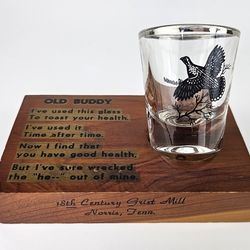 Vintage "Old Buddy" Shot Glass and Stand, Grist Mill, Tennessee