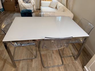 Modern Chrome & Glass Dining Table + 4 Free Clear Chairs