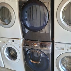 Samsung Front Load Washer and Stackable Gas Dryer Set in Black Stainless Steel