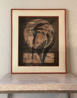 Vintage Mid Century Modern 1970s Modernist Original Pencil Chalk Serigraph Art Print, Framed