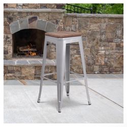30" High Backless Metal Barstools with Square Wood Seat 