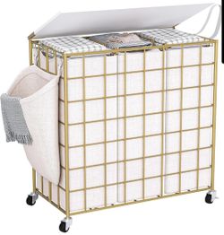 Rolling Laundry Basket with Wheels 3 Section Laundry Hamper 140L Sorter Wood Lid Beige