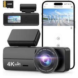 Dash Cam 4K Front Dash Camera for Cars with 32GB Card, WiFi Dashcam with App Control, 2160P Night Vision Mini Car Camera, WiFi Dash Cam with 24H Parki