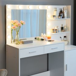 Vanity Desk with Mirror and Lights, 46.4IN Dressing Table with 2 Large Drawer&Large Vertical Organizer, 3 Level Dresser & 3 Lighting Modes Adjustable 