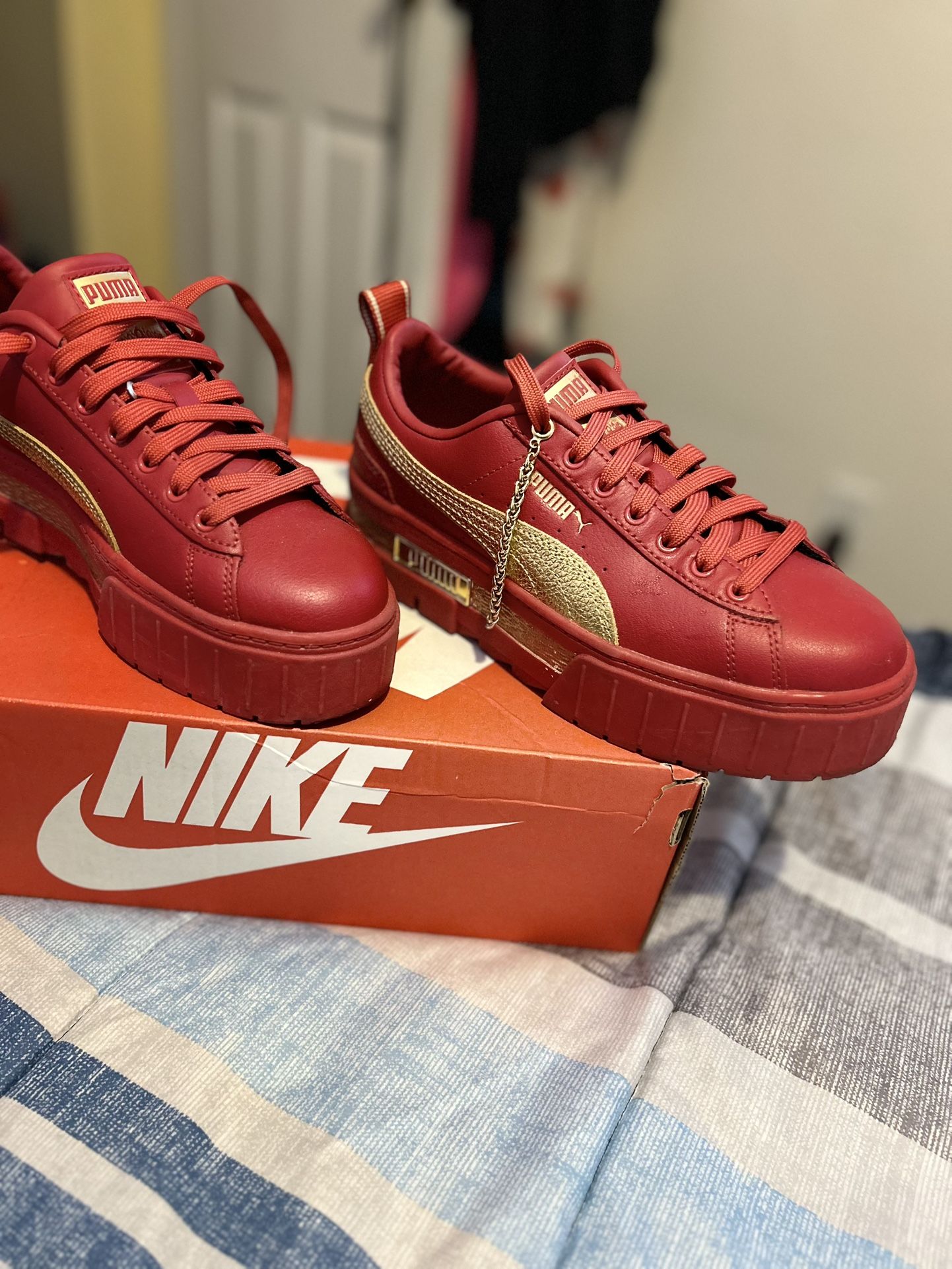 Red Pumas $75 Custom Nikes $65 Black And Whites $40 Tan Boots $45