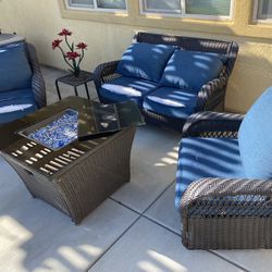 Five Piece Patio Furniture Set With Swivel Chairs, Side Table And fireplace/table