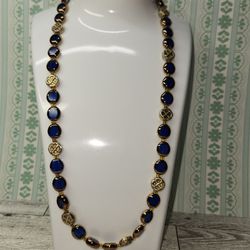 #2255, EDWARDIAN NECKLACE SIMULATE SAPPHIRE, LEAF CLASP 17"IN, GOLD PLATED