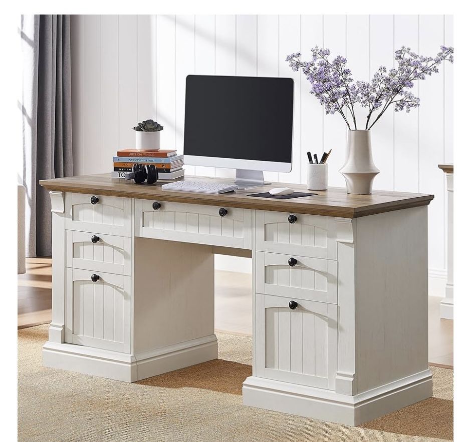 OKD 60" Executive Desk with Drawers, Farmhouse Home Office Desk with Charging Station, Keyboard Tray, File Cabinet Storage, Wood Computer Desk for Wor