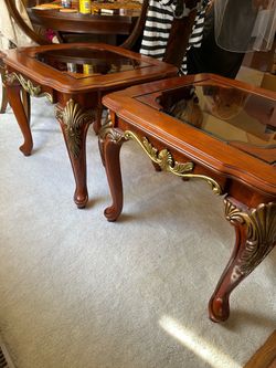 End Tables, w/ Smoked glass, Gold Trim, Two
