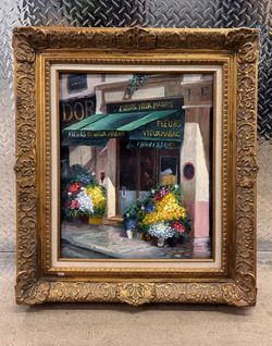 Vintage Framed Oil Painting – Parisian Flower Shop Scene – Signed “Steven"