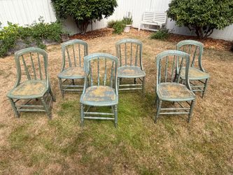 Vintage Hitchcock-style Distressed Cane Dining Chairs - Set of 6