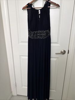 R&M RICHARDS Royal Black Sleeveless Long Gown Beaded Waist Keyhole Size 6