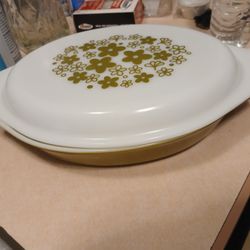 Pyrex Spring Blossom Oval Divided Casserole Dish With Lid 1 Qt Ovenware Crazy Daisy Olive Green 