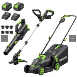STEELITE 3-in-1 Cordless Lawn Care Kit, Electric Lawn Mower, Trimmer/Edger & Leaf Blower, 21V Brushless, 2 X 4.0Ah Batteries & Dual Chargers For Small