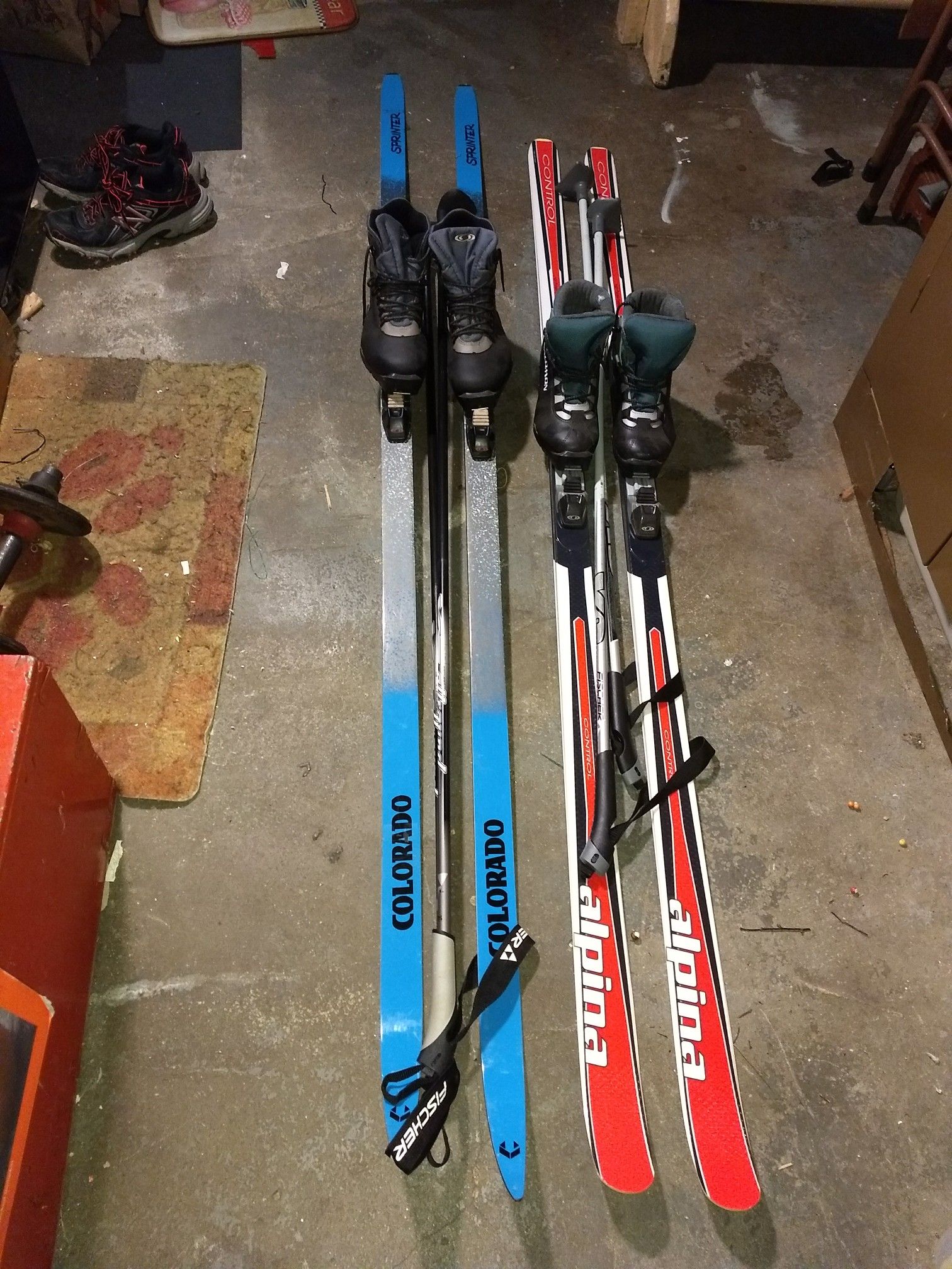 Cross country ski sets Colorado measures 205, Alpina 182, men's boots 8 1/2, women's 61/2. Boots
